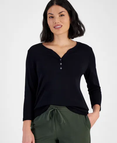 Style & Co Petite Cotton Knit Henley 3/4-sleeve Top, Created For Macy's In Deep Black