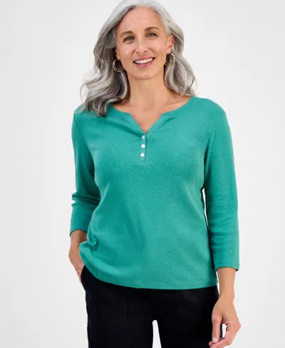 Style & Co Petite Cotton Knit Henley 3/4-sleeve Top, Created For Macy's In Blue