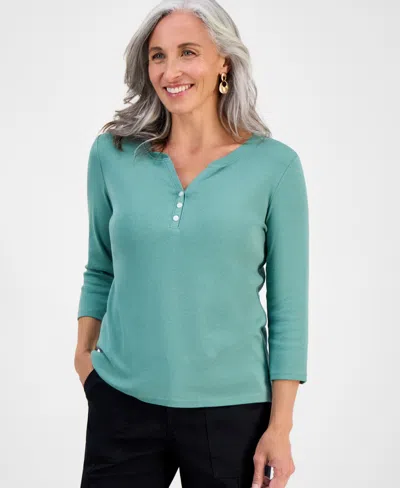 Style & Co Petite Cotton Knit Henley 3/4-sleeve Top, Created For Macy's In Green