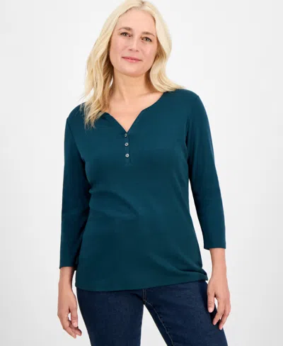 Style & Co Petite Cotton Knit Henley 3/4-sleeve Top, Created For Macy's In Green