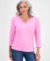 Style & Co Petite Cotton Knit Henley 3/4-sleeve Top, Created For Macy's In Pink