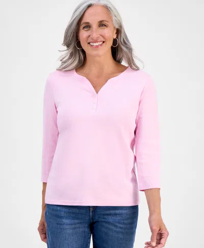 Style & Co Petite Cotton Knit Henley 3/4-sleeve Top, Created For Macy's In Pink