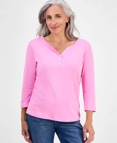 Style & Co Petite Cotton Knit Henley 3/4-sleeve Top, Created For Macy's In Pink