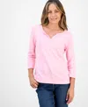 Style & Co Petite Cotton Knit Henley 3/4-sleeve Top, Created For Macy's In Pink