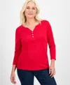 Style & Co Petite Cotton Knit Henley 3/4-sleeve Top, Created For Macy's In Red
