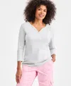 Style & Co Petite Cotton Knit Henley 3/4-sleeve Top, Created For Macy's In White