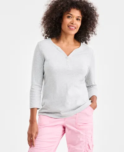Style & Co Petite Cotton Knit Henley 3/4-sleeve Top, Created For Macy's In White