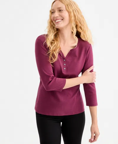 Style & Co Petite Cotton Knit Henley 3/4-sleeve Top, Created For Macy's In Burgundy