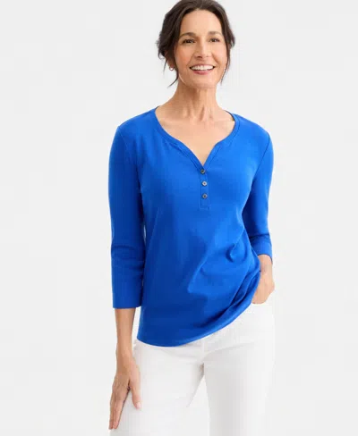 Style & Co Petite Cotton Knit Henley 3/4-sleeve Top, Created For Macy's In Blue