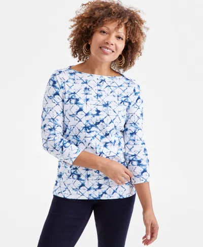 Style & Co Women's Printed Pima Cotton 3/4-sleeve Top, Exclusively At Macy's In Ocean White