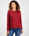 Style & Co Petite Cotton Long-sleeve Scoop-neck Top, Macy's Exclusive In Red