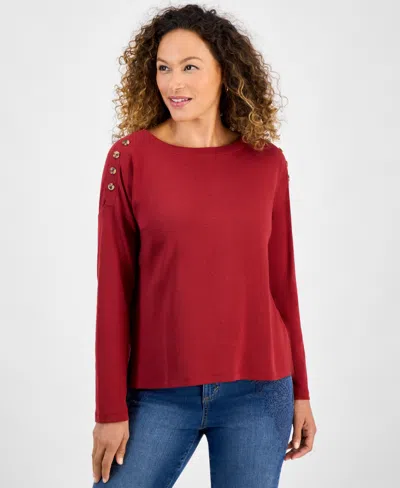 Style & Co Petite Cotton Long-sleeve Scoop-neck Top, Macy's Exclusive In Red