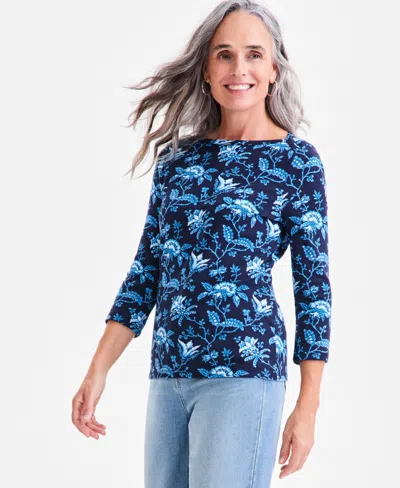 Style & Co Petite Cotton Printed 3/4-sleeve Boat-neck Top, Macy's Exclusive In Blue