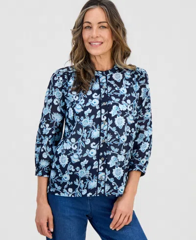 Style & Co Petite Cotton Printed Band-collar Blouse, Macy's Exclusive In Blue