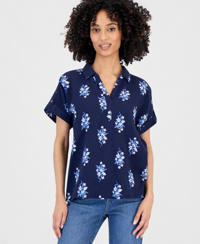 Style & Co Petite Cotton Printed Collared Popover Top, Macy's Exclusive In Blue