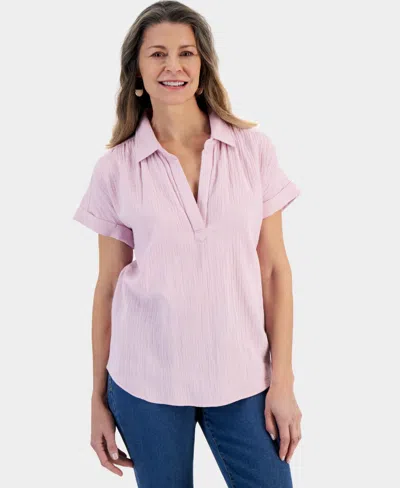 Style & Co Petite Cotton Short-sleeve Camp Shirt, Created For Macy's In Lilac