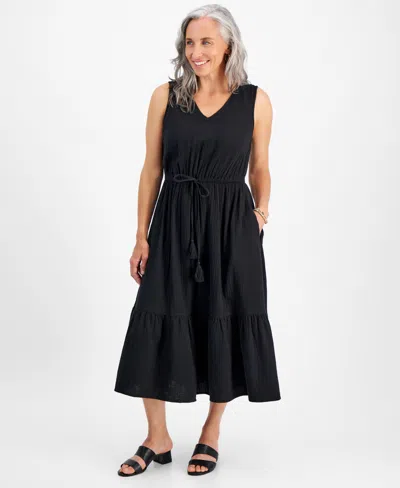 Style & Co Petite Cotton Sleeveless Midi Dress, Created For Macy's In Black
