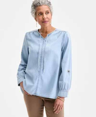 Style & Co Petite Cotton Split-neck Long-sleeve Shirt, Exclusively At Macy's In Blue