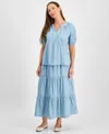 Style & Co Petite Cotton Split-neck Short-sleeve Eyelet Top, Exclusively At Macy's In Breeze
