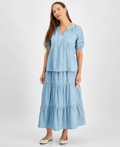 Style & Co Petite Cotton Split-neck Short-sleeve Eyelet Top, Exclusively At Macy's In Breeze