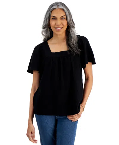 Style & Co Petite Cotton Square-neck Raglan-sleeve Top, Created For Macy's In Deep Black