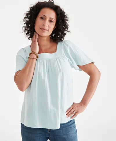 Style & Co Petite Cotton Square-neck Raglan-sleeve Top, Created For Macy's In Gray