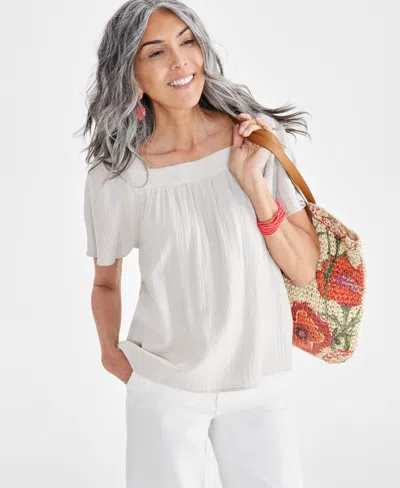 Style & Co Petite Cotton Square-neck Raglan-sleeve Top, Created For Macy's In Stone Wall