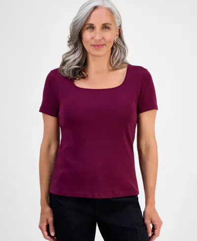 Style & Co Petite Cotton Square-neck Short-sleeve T-shirt, Exclusively At Macy's In Burgundy