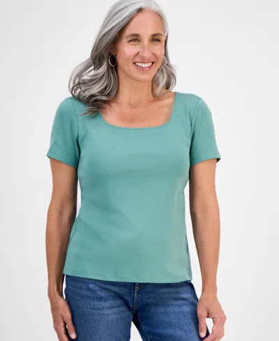 Style & Co Petite Cotton Square-neck Short-sleeve T-shirt, Exclusively At Macy's In Green