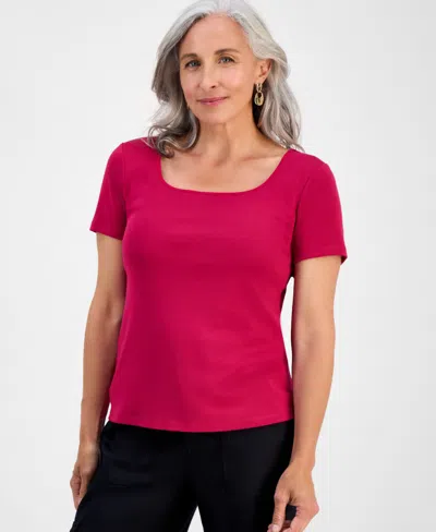 Style & Co Petite Cotton Square-neck Short-sleeve T-shirt, Exclusively At Macy's In Pink