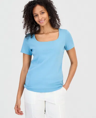 Style & Co Petite Cotton Square-neck Short-sleeve T-shirt, Exclusively At Macy's In Blue