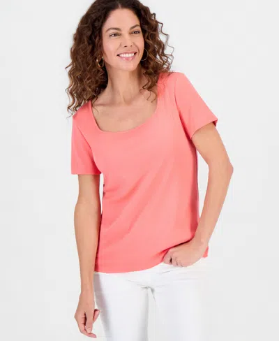 Style & Co Petite Cotton Square-neck Short-sleeve T-shirt, Exclusively At Macy's In Pink