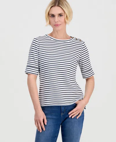 Style & Co Petite Cotton Striped Asymmetric-button Top, Macy's Exclusive In Multi