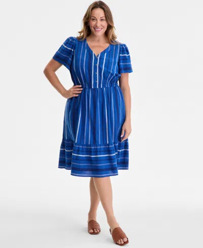 Style & Co Petite Cotton Striped Jacquard Dress, Exclusively At Macy's In Blue