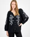 Style & Co Petite Cotton Textured Floral-embroidered Blouse, Exclusively At Macy's