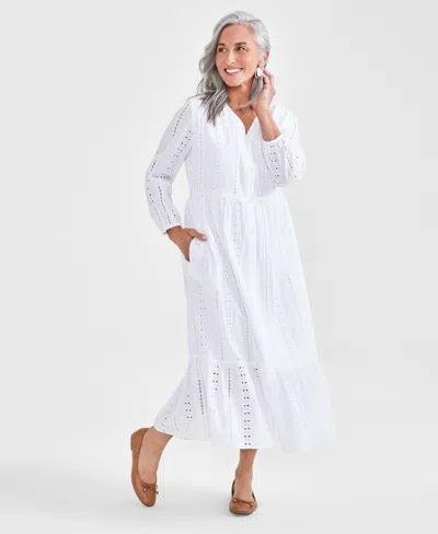 Style & Co Petite Cotton Tiered Eyelet Midi Dress, Created For Macy's In Bright White