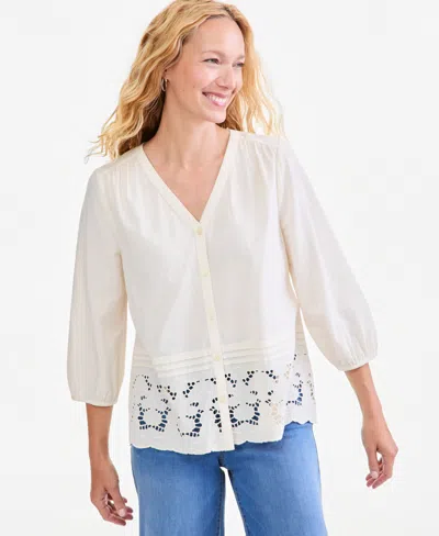 Style & Co Petite Cotton V-neck Blouse, Macy's Exclusive In Neutral
