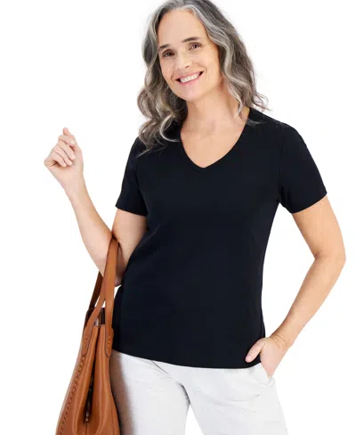 Style & Co Petite Cotton V-neck Top, Macy's Exclusive In Black