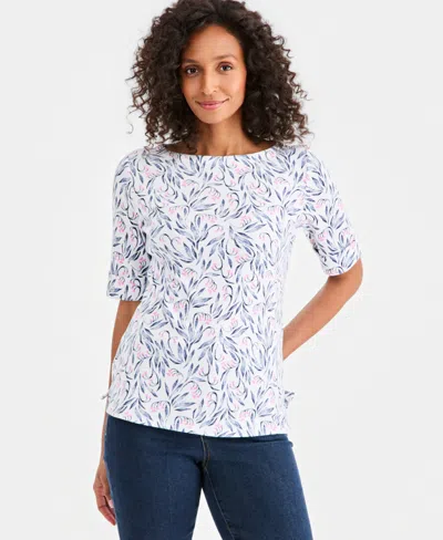 Style & Co Petite Cotton-blend Boat Neck Leaf Stamp Top, Macy's Exclusive In White