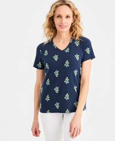 Style & Co Petite Cotton-blend V-neck Floral T-shirt, Macy's Exclusive In Blue