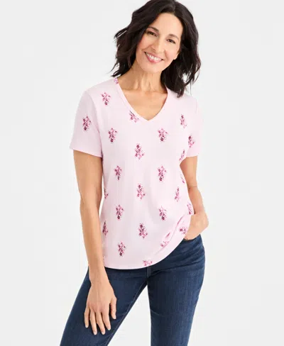 Style & Co Petite Cotton-blend V-neck Floral T-shirt, Macy's Exclusive In Pink
