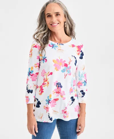 Style & Co Petite Crewneck Button Floral Essence Top In Multi