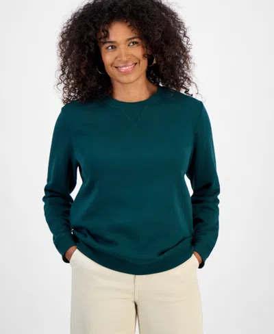 Style & Co Petite Crewneck Long-sleeve Fleece Sweatshirt, Created For Macy's In Green