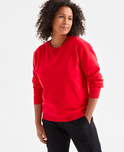 Style & Co Petite Crewneck Long-sleeve Fleece Sweatshirt, Created For Macy's In Tango Red