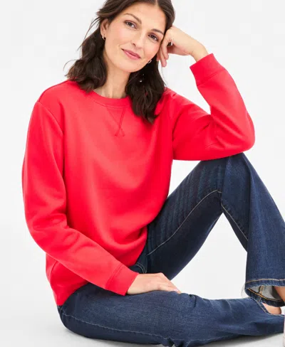 Style & Co Petite Crewneck Long-sleeve Fleece Sweatshirt, Created For Macy's In Red