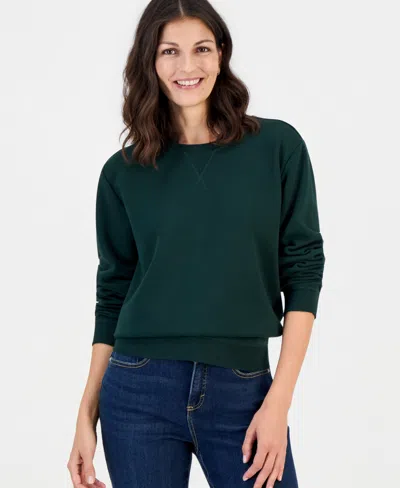 Style & Co Petite Crewneck Long-sleeve Fleece Sweatshirt, Created For Macy's In Green