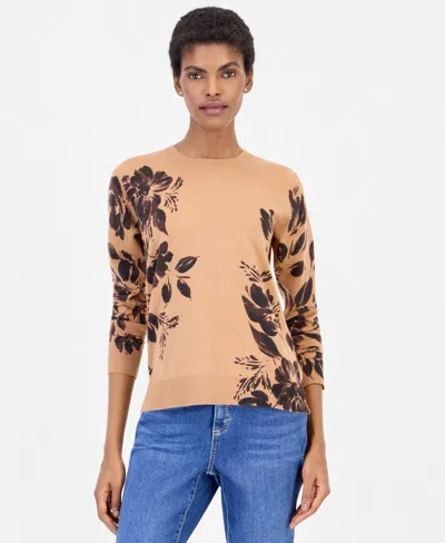 Style & Co Petite Crewneck Long-sleeve Floral-print Sweater, Macy's Exclusive In Beechwood