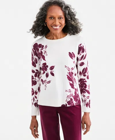 Style & Co Petite Crewneck Long-sleeve Floral-print Sweater, Macy's Exclusive In New Brickberry