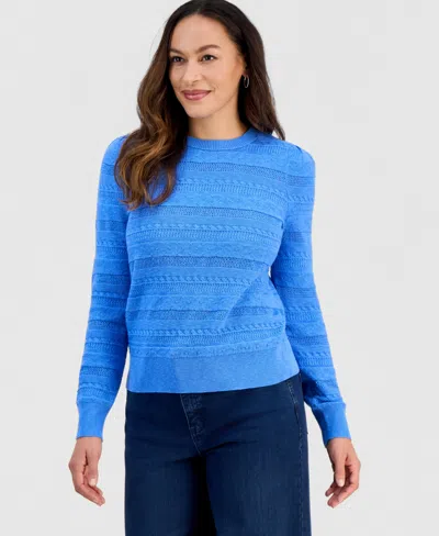 Style & Co Petite Crewneck Pointelle Long-sleeve Sweater, Macy's Exclusive In Blue