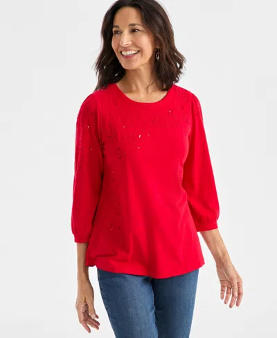 Style & Co Petite Crewneck Sequin Detail Sweatshirt, Macy's Exclusive In Red